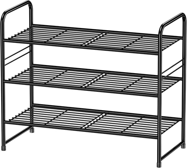 3 Tier Shoe Rack for Closet, 27” Wide Metal Shoe Organizer for Entryway, Stackable & Adjustable, Black
