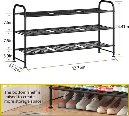 LINZINAR Shoe Rack 3 Tier Long Metal Shoe Organizer for Closet Entryway Black